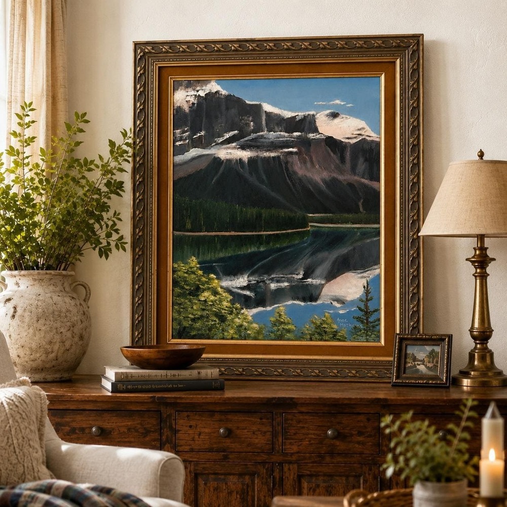 Vintage Oil Painting Mountain Lake Landscape - Signed Anne Matthews - Framed